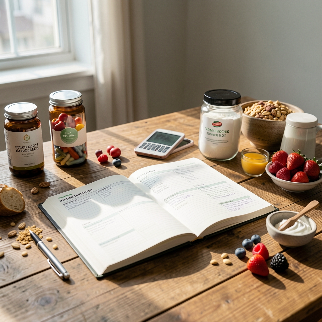 Editorial studio workspace with wooden desk, open nutrition journal, natural morning light, supplement containers and whole foods visible