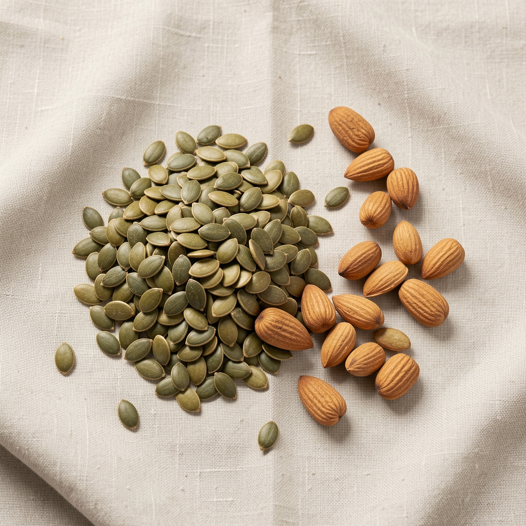 Zinc-rich seeds, pumpkin seeds and nuts arranged on pale linen cloth, minimal editorial flat lay composition