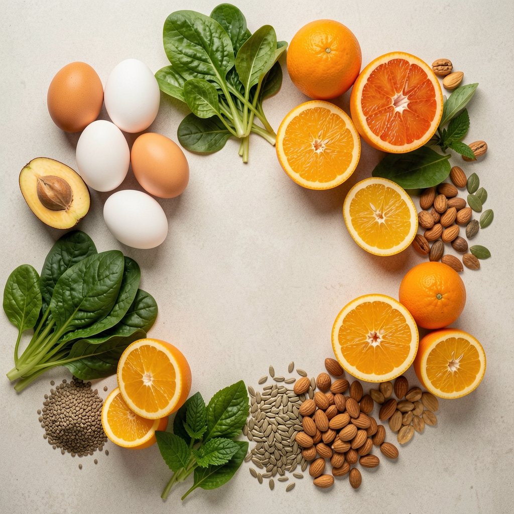 Colourful whole foods arranged on a neutral surface — eggs, leafy greens, citrus fruits, seeds and nuts, overhead editorial flat lay
