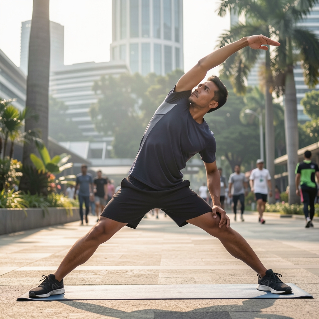 Man stretching outdoors in Jakarta morning daylight, editorial composition, active lifestyle documentation