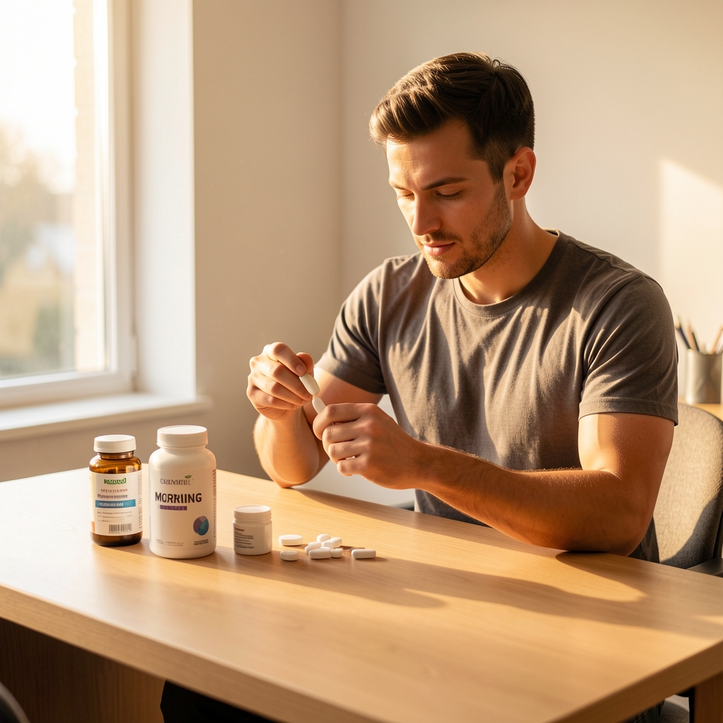 Active man preparing morning supplement routine on a clean wooden desk, warm natural light, editorial composition