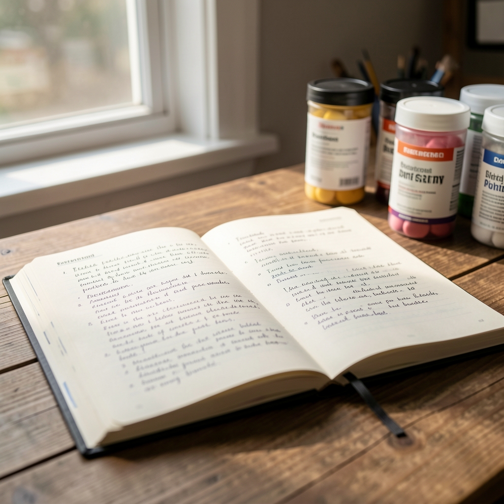 Open editorial notebook on wooden desk, handwritten research notes, morning light filtering through window, supplement containers in soft background focus